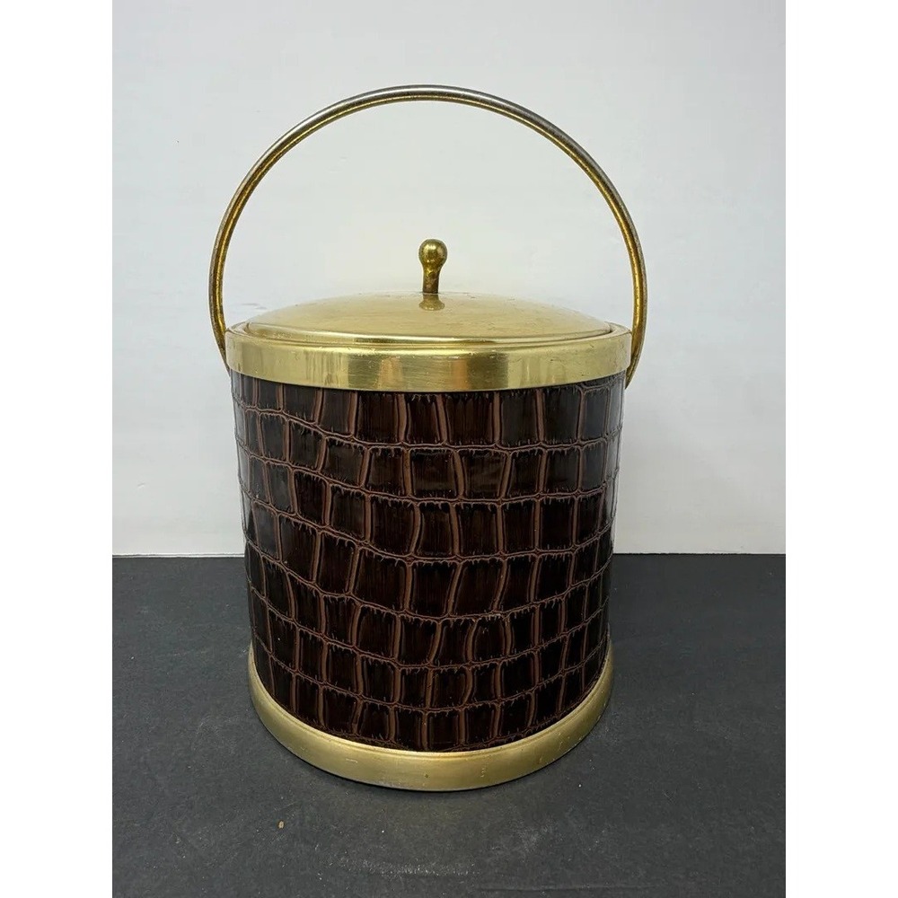 Vintage Mid Century Modern Faux Alligator Ice Bucket Brown Brass a-T Barware MCM